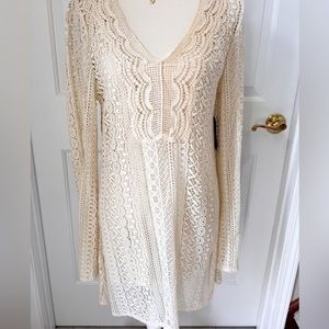 GUESS LOS ANGLES CREAM LACE LONG SLEVE SHORT DRESS
